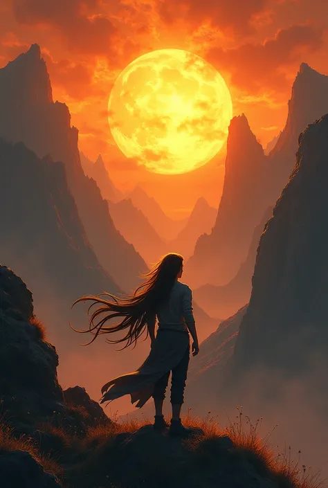  and a young man with long hair staring at that sun with fiery eyes on the fiery, strong sun 、There are wonderful mountains all around 々、A man with long hair looks forward and his eyes are the sun