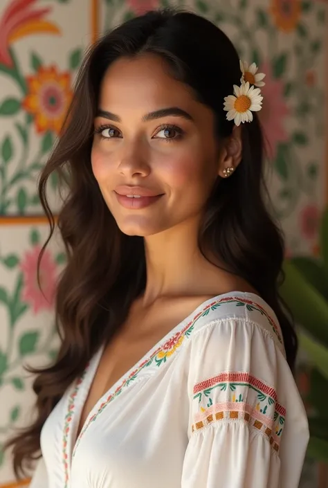 photo realistic,highres,4K, an elegant image of a beautiful Mexican girl hosting a video about Mexican beauty. Her appearance is a bleand of a young salma hayek, sarai meza, Ale Muller, maire Perroni, Renata Notni, sandra Echeverria. She has Young Salma Ha...