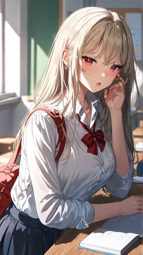  high resolution, HD model,  A girl with blond hair and red eyes, shy face and blush on her cheeks ,  big breasts,  She is dressed in a school uniform ,  medium length ,  licking their lips , Background of a classroom, sombras detalladas