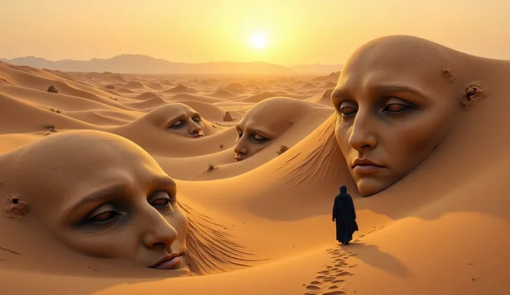 Faces made of white sand in the middle of the desert, detailed eyes, You can see the sun in all its splendor reflecting on those faces , aerial drone view, raw atmosphere, sad, 8k, masterpiece, UHD, A Bedouin walks among the faces
