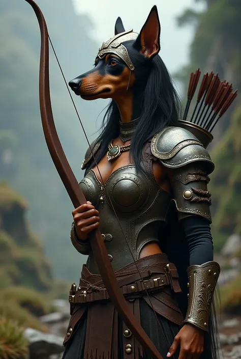 Humanized dachshund ,  woman with Viking armor and bow in her hand ,  bag of arrows on her back with huge breasts 