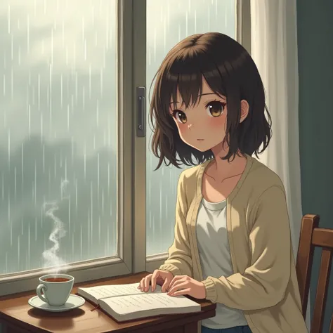 An anime-style young woman with a gentle, wistful expression, sitting by a windowsill on a rainy afternoon. She has shoulder-length, slightly wavy dark brown hair, wearing a soft pastel cardigan over a white blouse. Her large, expressive eyes convey a sens...