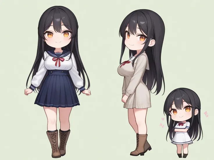  1 girl,masterpiece,  top quality ,   Very Aesthetic  ,   Absurd, Latest,School Uniform Dress , boots、  semi-long black hair , happy 、Smile lightly,   beautiful woman ,alone,  slender body 、Stand、,sidelock ,amber eyes、、  big breasts、,  chibi,  full body,Gr...