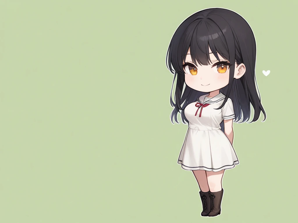  1 girl,masterpiece,  top quality ,   Very Aesthetic  ,   Absurd, Latest,School Uniform Dress , boots、  semi-long black hair , happy 、Smile lightly,   beautiful woman ,alone,  slender body 、Stand、,sidelock ,amber eyes、、  big breasts、,  chibi,  full body,Gr...