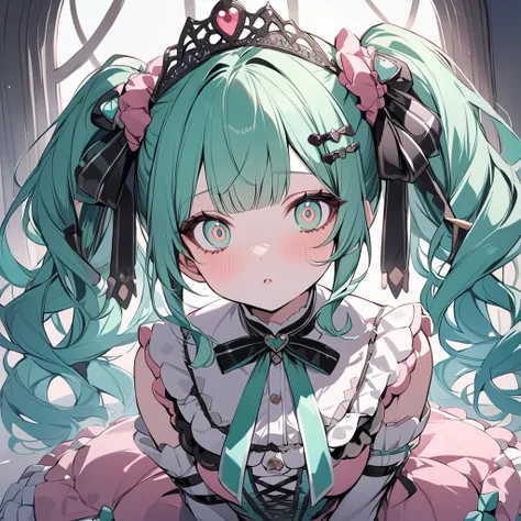 masterpiece,  top quality ,  girl,  cute、 twin tails、Perm、bangs,  Mint Hair 　Lolita　Mint color、Mint eyes　 has big eyes、 tiara 　hairpin, The twins are different colors