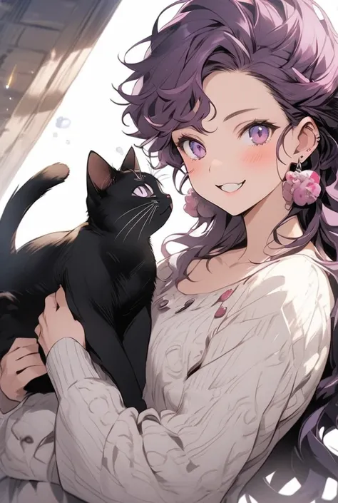 One person、male、Dark purple hair、Perm、 purple eyes、Earrings、cat