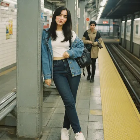 scenario:  A busy subway station ,  with walls covered with white tiles and metal benches .  colorful advertisements posters decorate the walls ,  and orientation signs indicate the different subway lines .  The platforms are illuminated by fluorescent lig...