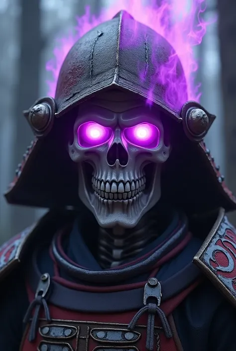 Q hyper-detailed 3D CG close-up of the face of a skeleton wearing a full samurai armor, looking straight towards the camera, the skull burning in purple fire with eyes shining in purple color, the background is a dark swamp with rotten trees