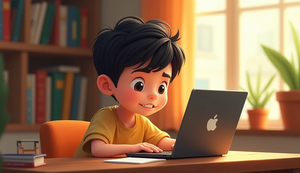 A digital illustration of a young boy with a cartoon-like appearance, featuring a mix of smooth and textured surfaces. He has dark hair and a focused expression while using a laptop at a wooden desk in a room with a warm, inviting ambiance. The background ...