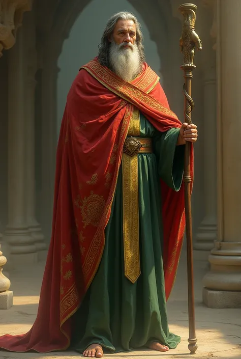 Prophet Moses full body  wear a golden embroidery on red shawl lining and green dressing  and hold a long stick 