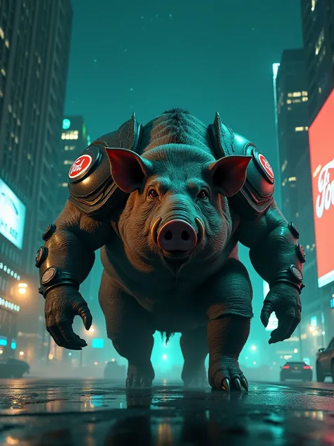 The Big monster pig with Ford Logo armor walking in the city at night and green background 4k