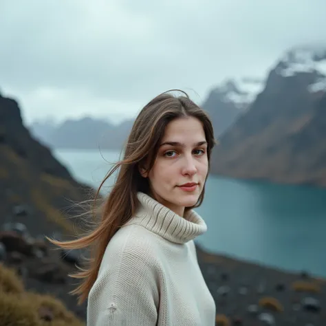 make her wear light colored sweater, scenery iceland