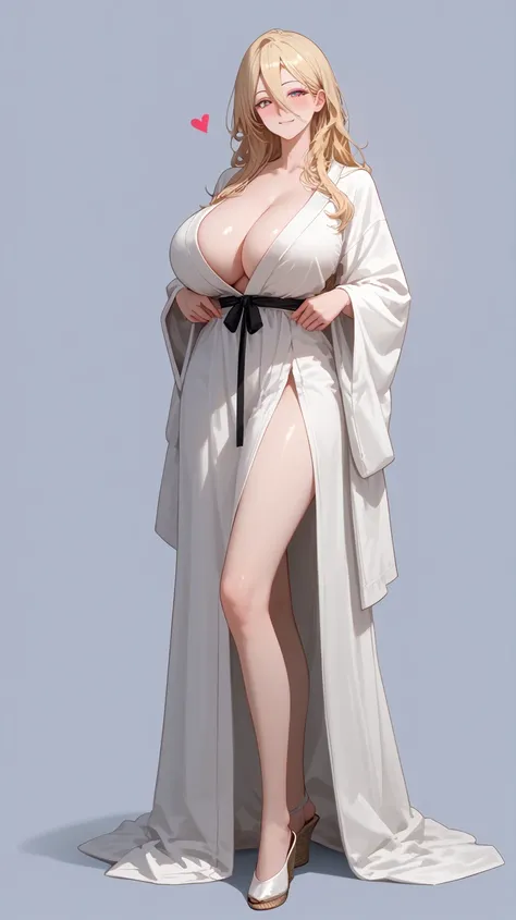 1 Girl,  unique ,  HD, Accurate,  long hair, blond,  hair between eyes,  Big Breasts ,  blush,  has a seductive smile, heart in eye,  Wearing a Daoist robe， Full Body Photo ， long legs，Black Silk:1.5， format:1.5，Huge breasts