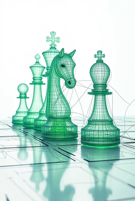 " Intricate wire framing illustration on a white background with chess pieces (Alfil ).  The scene is full of bright green and dark blue colors ,  giving it a futuristic touch ,  almost the digital appearance . The chess piece should appear powerful and ca...