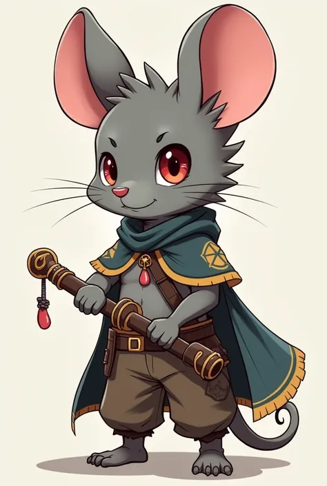 Draw a picture of a Character ,  little mouse with a six-pack like those black clover rats , warrior class ,  I want him with a little hair chop chives , Its just that with 3 threads ,  I want a cloak that of the rod just on the shoulders with a symbol of ...