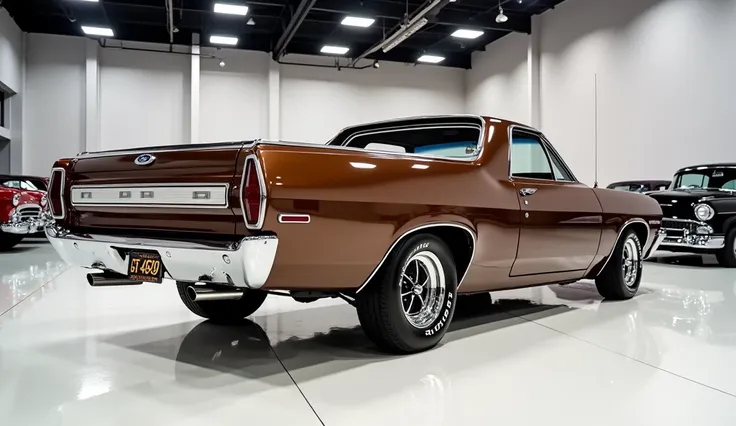 The full only back view of painted with galemy diamond full brown 1970 ford ranchero gt 429 cobra jet in large shape pickup truck in large size with (ford) its large detailed grille in shiny white colour with angular simple design captured from full back v...