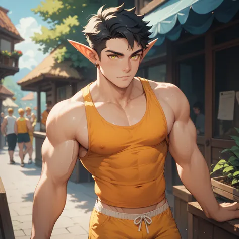 An male elf has a short black hair, yellow eyes and 8 packs. He is wearing an orange yellow shorts and mens tank top