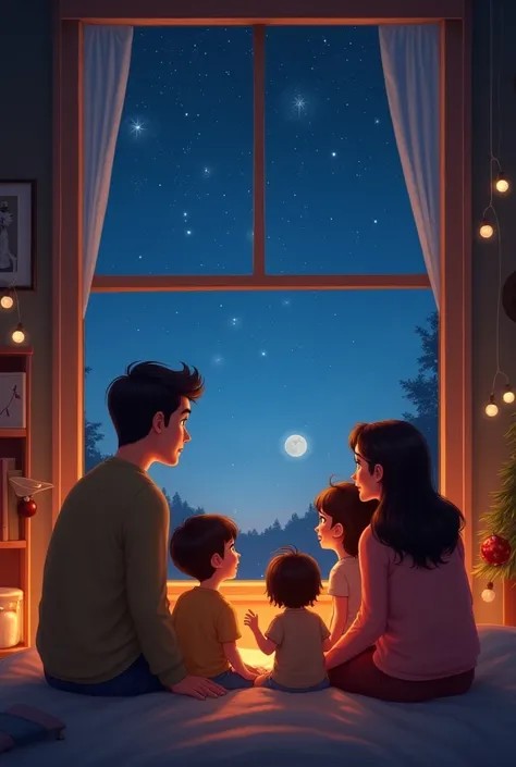 " A family of five members  (father, mother,  two daughters, the oldest 20 years old  , the median of  and the son under   )  gathered in a small and cozy room .  They look at the starry sky through a window .  There is a warm atmosphere with Christmas lig...