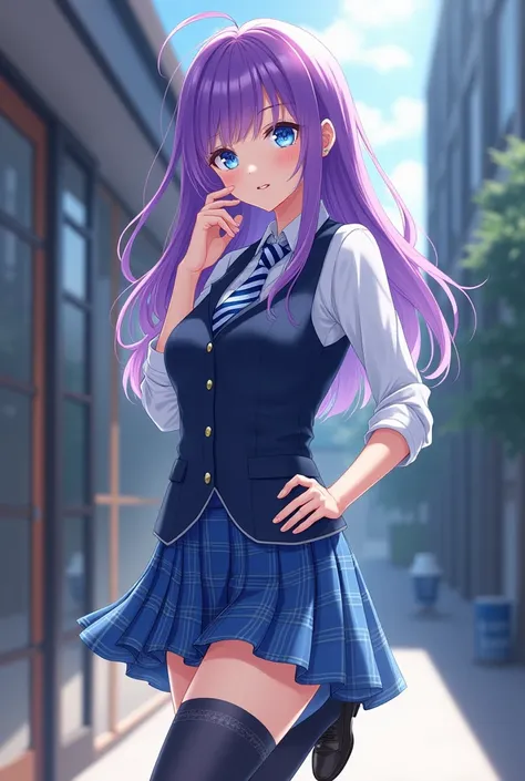 anime young adult girl, purple hair, black lip-gloss, blue eyes, school uniform with white shirt, blue and white tie, dark blue vest, blue plaid skirt, dark blue socks, black loafers