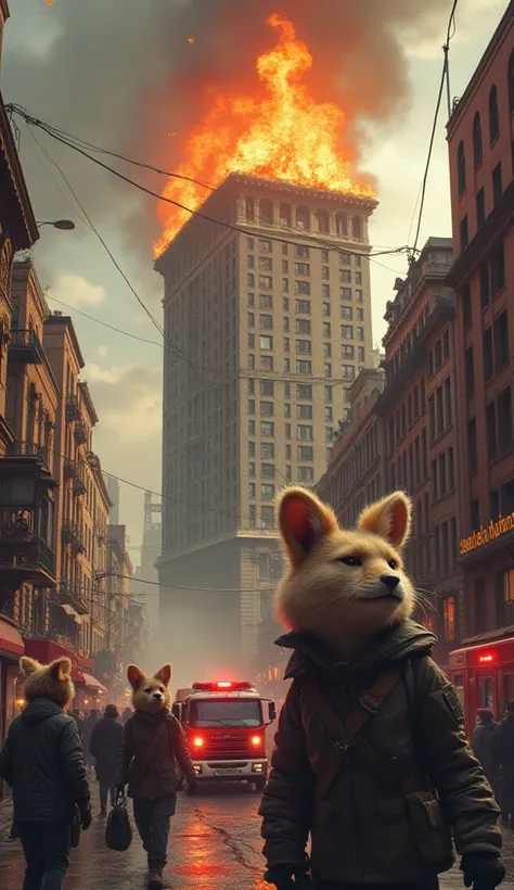 A bustling city with a burning old building in the background, flames and smoke engulfing its upper floors. The environment is chaotic, with anthropomorphic animals resembling humans dressed in urban attire, and emergency vehicles scattered in the foregrou...