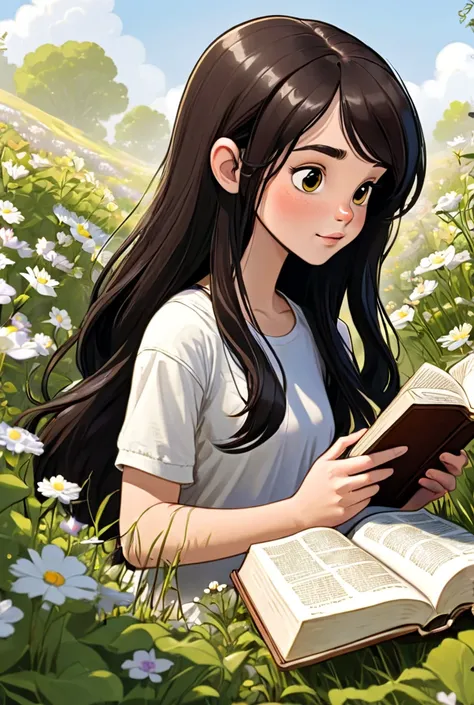 Cartoon cartoon of a young brunette with black hair reading the Bible with lots of flowers 