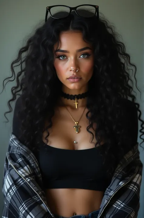 Show me a picture of a woman who has long black loose curly hair with black glasses on top of her head, elongated hair, tan skin, blue eyes, wearing makeup: mascara, eyeliner, wing, and a simple lip combo, a choker, belly piercing, and a nose ring on the r...