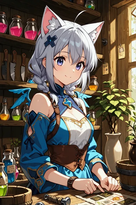 1girl,cat ears,kawaii,cute,fantasy clothes,little smile,BREAK,(fantasy tool shop:1.3),nice pose,a bunch of medicinal herbs,potion,hardware,aisles,shelves,tool section,hardware section,a balance,plants, lantern,wooden bucket,scrolls,blackboard,vase, pot,jar...