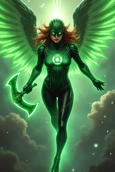 A realistic depiction of Hawkwoman reimagined as a member of the Green Lantern Corps, merging her fierce warrior aesthetic with the luminous power of the Green Lantern ring. Her armor is a blend of her traditional Thanagarian design and the sleek, glowing ...