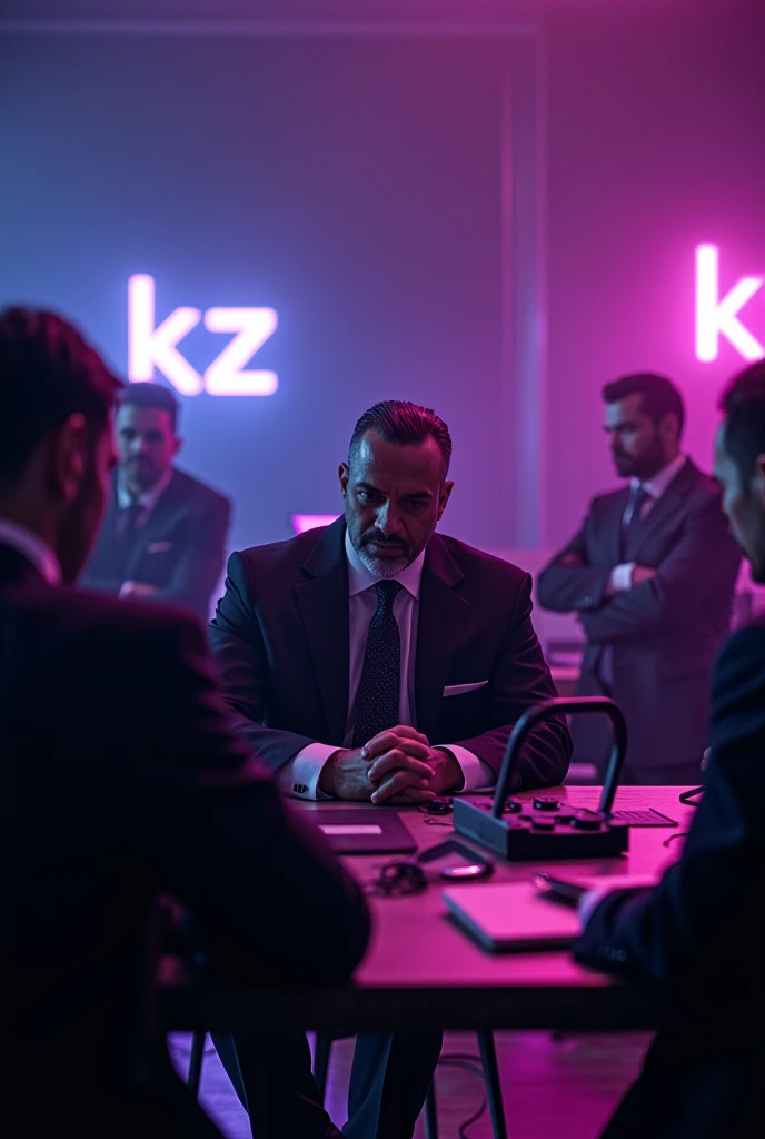 Meeting photo of mobsters wearing suits with computers written KZ in 4K and purple neon lights