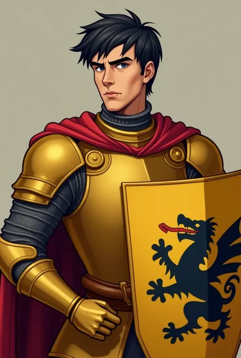 Create a man,  He wears gold-colored armor with simple details ,  suggesting that he is a knight . About the armor,  there is a red cloak or cape that falls over his shoulders .  The shield he carries is yellow ,  with a black and white emblem of a dragon ...