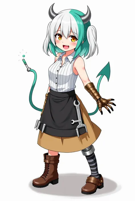 Anime girl with white right half and teal left half mid length hair with half up half down pigtails, silver screw devil horns, yellow eyes, shapr teeth, silver devil tail, white right half and black pinstripe left half split sleeveless button down shirt tu...