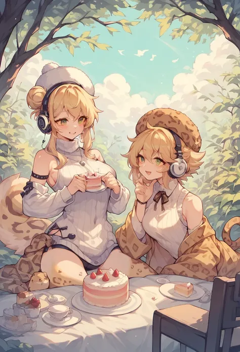 adult curvy women, cake, improve, fur hat, tree, detached sleeves, white sweater, hair bun, medium hair, striped shirt, headphones, multiple girls, leopard print, hair behind ear, bold, thick outlines, comic character, punk、cute、Three Sisters