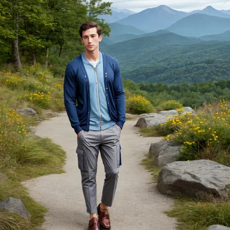 a Broad-shouldered Jewish man at a Enchanted Mountain Range, wearing a Chambray  Teal  Polka dot Cargo pants, Pinstripe  Rosewood  Cotton Zip-up cardigan, Monk strap shoes, ,