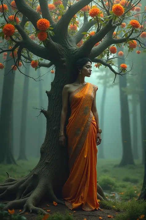 An Indian woman, wearing a sari, her body is half tree and half human. The flowers of the same color as the womens sarees have flower designs, the trees also have flowers of the same color
Dark smoky romantic horror 