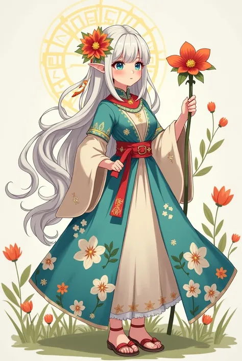  there is a drawing of one with a flower in her hand,  white-haired divinity ,   elf wearing a relaxed dwarf flower suit , 🍁 , the non-binary deity of spring, arte de personagem de maple story, Flower shaman , Taliyah Young,  with white hair , Botw Style, ...