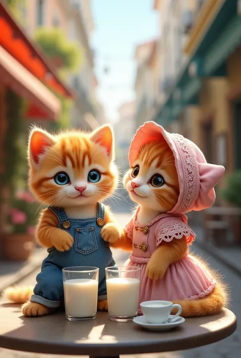 
“A vertical portrait in an anthropomorphic digital art style with a blend of realism and fantasy, depicting two charming anthropomorphic kittens sitting together at an outdoor café table in a picturesque European street setting. Both kittens have soft, fl...