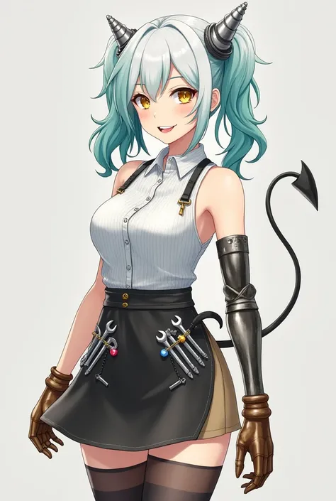 Anime girl with white right half and teal left half mid length hair with half up half down pigtails, silver screw devil horns, yellow eyes, shapr teeth, silver devil tail, white right half and black pinstripe left half split sleeveless button down shirt tu...