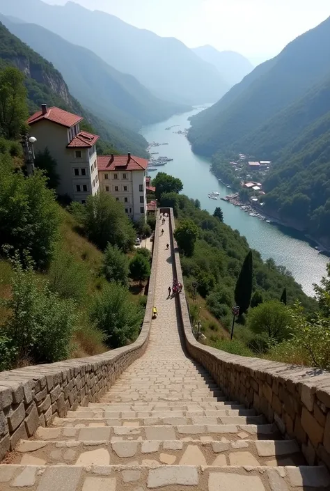 The view from a village at the top of a steep hill, looking down a very long staircase leading to a riverside village at the bottom of the hill. A few scattered people are walking up or down the stairs.