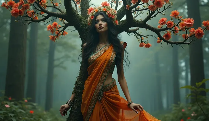 An Indian woman, wearing a sari, her body is half tree and half human. The flowers of the same color as the womens sarees have flower designs, the trees also have flowers of the same color
Dark smoky romantic horror 