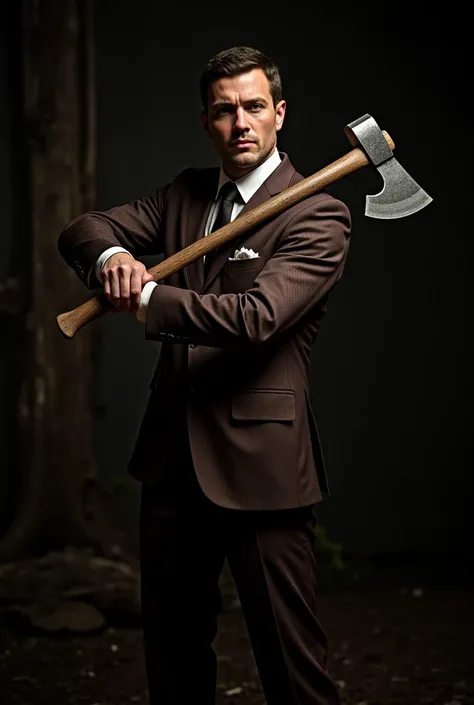 Create a man in an elegant brown suit and an axe