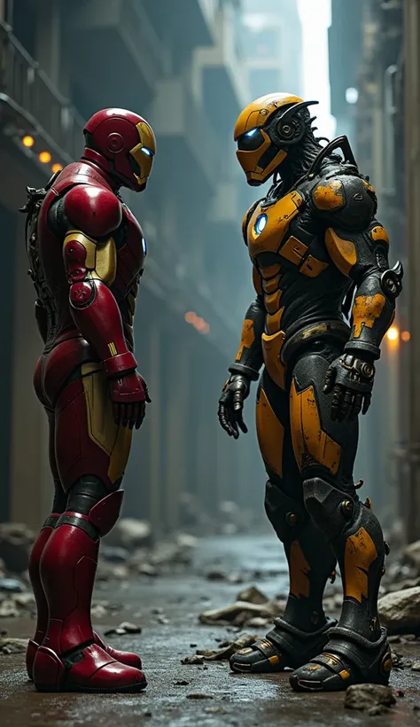 Ironman Avenger watching a mutant humanoid bumblebee, ultra realistic and professional images  