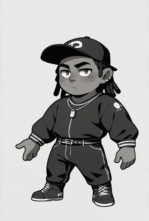 プロンプト例:
“A chibi-style male character with an anime art style, wearing a backward baseball cap and having dreadlocks. The character has an orange and black theme, dressed in a rapper-style outfit.