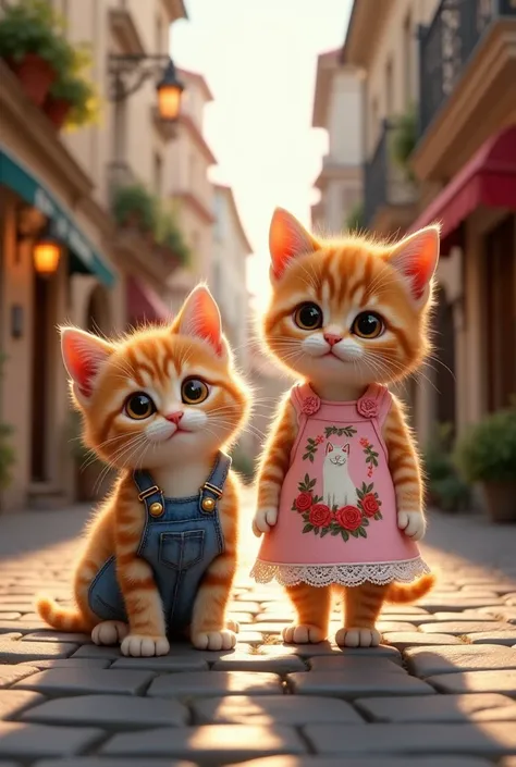 
“A vertical portrait in an anthropomorphic digital art style with a blend of realism and fantasy, depicting two adorable anthropomorphic kittens in a picturesque European cobblestone street setting. The kittens are detailed with fluffy orange-and-white fu...