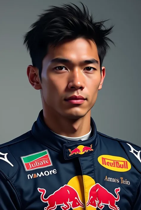 F1 Filipino driver wearing redbull track suit portrait age 20s