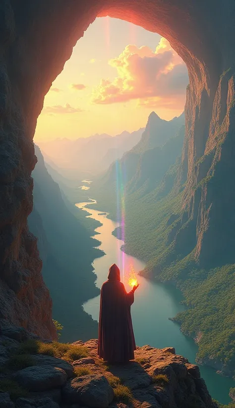 The cloaked figure emerges from the collapsing mountain into a breathtaking open landscape. They stand on a high cliff overlooking an endless expanse of lush valleys, shimmering rivers, and distant mountain peaks. The artifact in their hand glows brightly,...