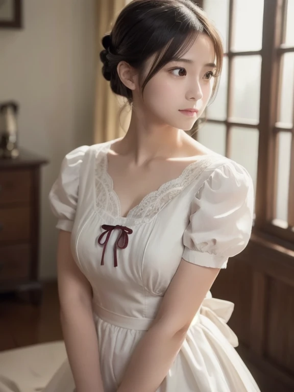 8K, of the highest quality, masutepiece:1.2), (Realistic, Photorealsitic:1.37), of the highest quality, masutepiece, Beautiful young woman, Pensive expression,、A charming、and an inviting look, Cute Maid Clothes, Hair tied back, Cinematic background, Light ...