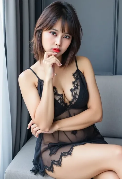 25 years old Korean woman, 4K masterpiece detail, deep focus, face details, clear focus, light falling on her skin makes her stand out (natural light, good light, afternoon light), short hair, natural breasts, black see-through lace dress, beautiful thighs...