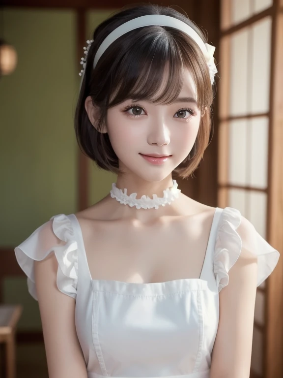 masterpiece、One girl per photo、Full Body Shot、Front view from the front、Young and beautiful woman in Japan、Wearing a cute short-sleeved satin silver black maid outfit、With a big smile、White ruffled headband、White frilly apron、Black choker、Attractive person...