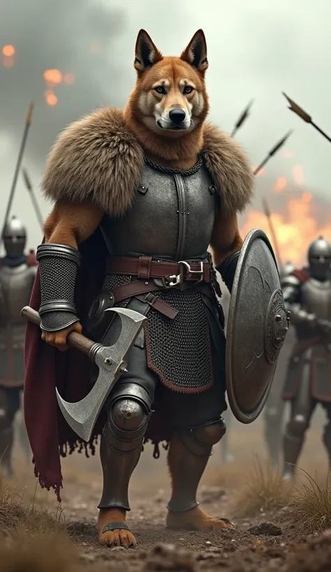 Ultra-realistic depiction of a humanoid dog hybrid soldier in the middle of a medieval battlefield. The hybrid has the strong build of a man with the head and features of a dog, with fur-covered arms and a battle-ready stance. It is wearing chainmail armor...