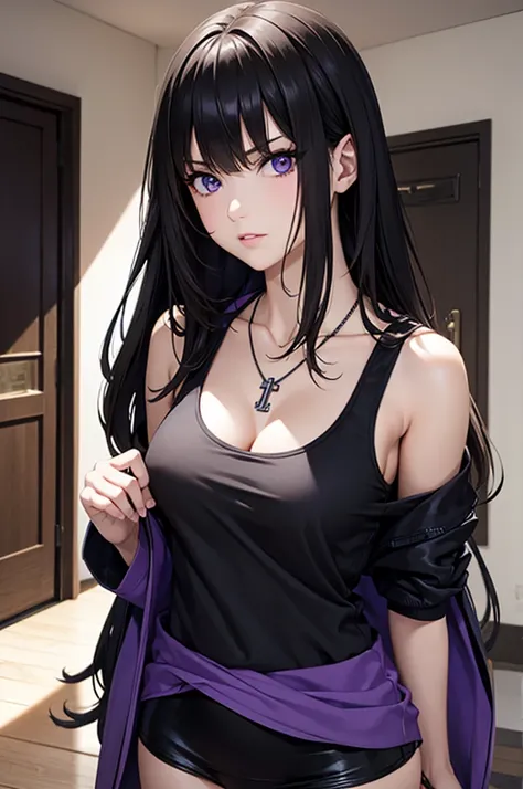 8k resolution,(( top quality )), super high res,Adult female, Alone,  sexy, (Glaring face), ( purple eyes),  beautiful symmetrical face , ( long black hair), black hoodie, black tank top, Leather Skirt , cross necklace to hide part of the face, realistic:1...